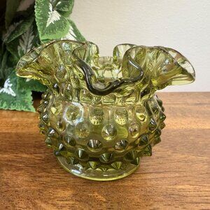 Fenton Colonial Green Hobnail Rose Bowl‎ Ruffled Edge Vintage MCM Glass Vase